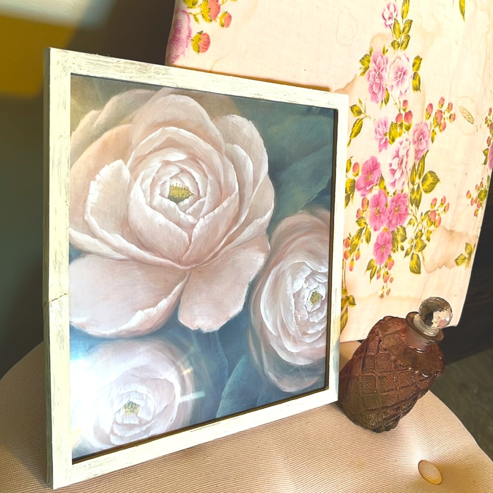 NWOT Elegant Framed Pink Rose Floral Art w/up-cycled redone frame